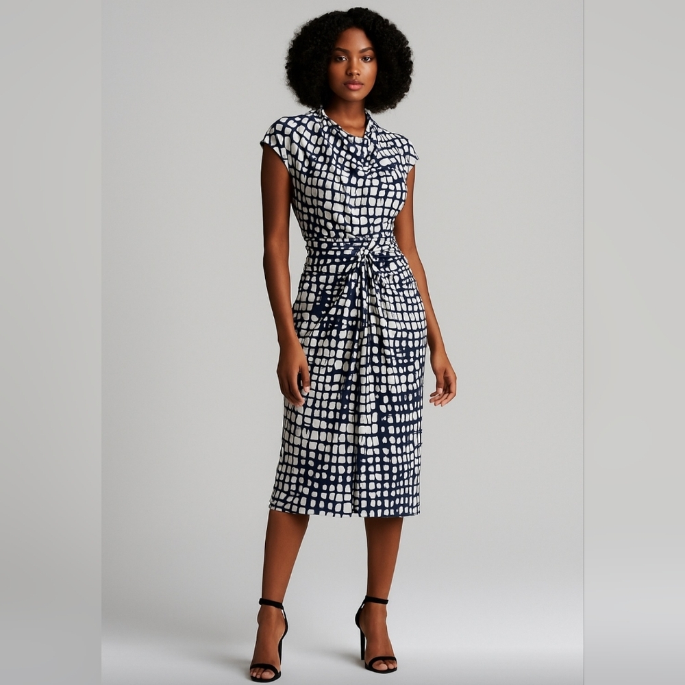 Jones New York Dress Draped Pleated Knot Twist Dalmation Retro Pencil Size 6